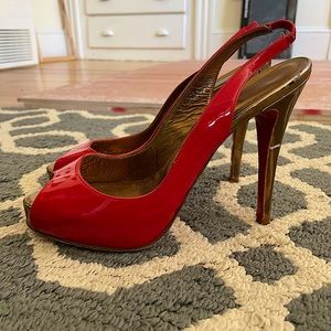 Christian Louboutin Red & Gold peep toe sling backs